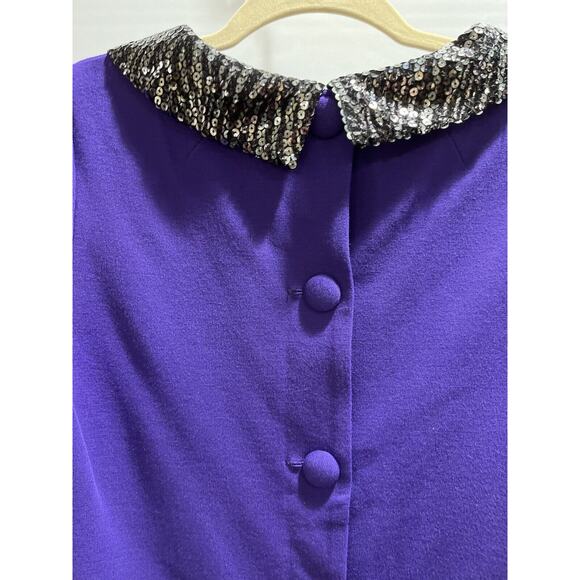 Milly Vintage Purple Blouse Black Sequin Collar Back Buttons Short Sleeve Sz SM - Picture 8 of 9